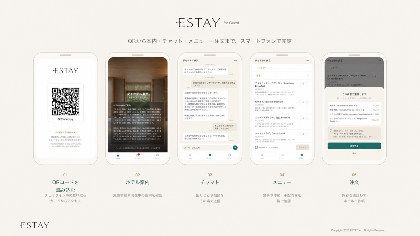 QRコードからホテル案内、チャット、メニュー、注文へ進むESTAY for Guestの利用イメージ