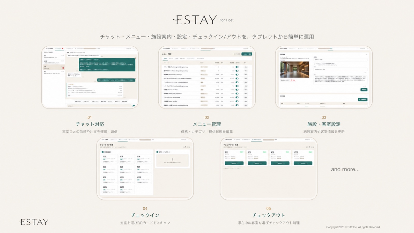 ESTAY for Hostでチャット、メニュー管理、施設・客室設定、チェックイン・チェックアウトを行う管理画面
